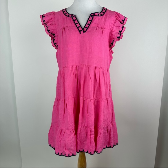 Navy Bleu Eloise Pink Embroidered Linen Flutter Sleeve Dress Size Large - Picture 2 of 14